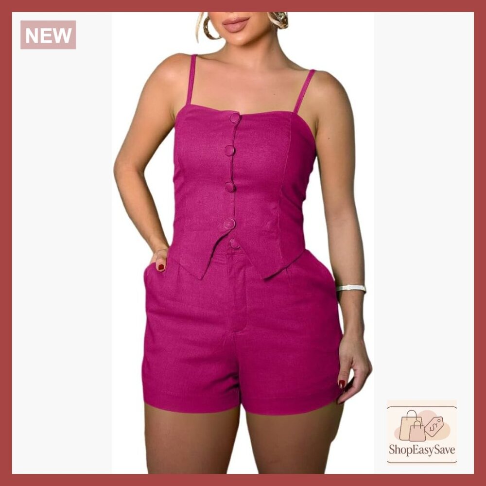 Women's Casual Shorts Set Adjustable Straps Button Top Zipper Shorts Beach